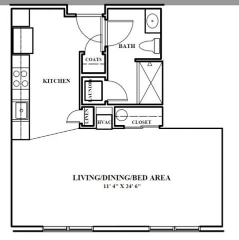Floor plan for studio, 1 bath, 551 sqft